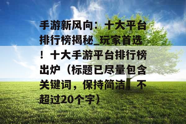 手游新风向：十大平台排行榜揭秘_玩家首选！十大手游平台排行榜出炉（标题已尽量包含关键词，保持简洁，不超过20个字）